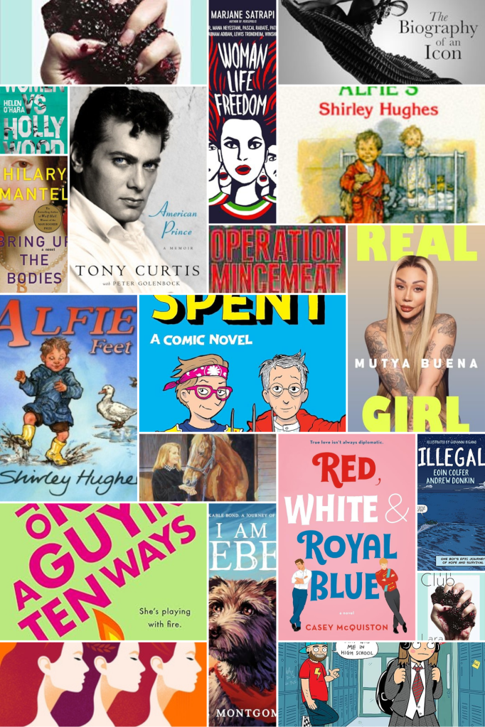 A series of book covers on a collaged background